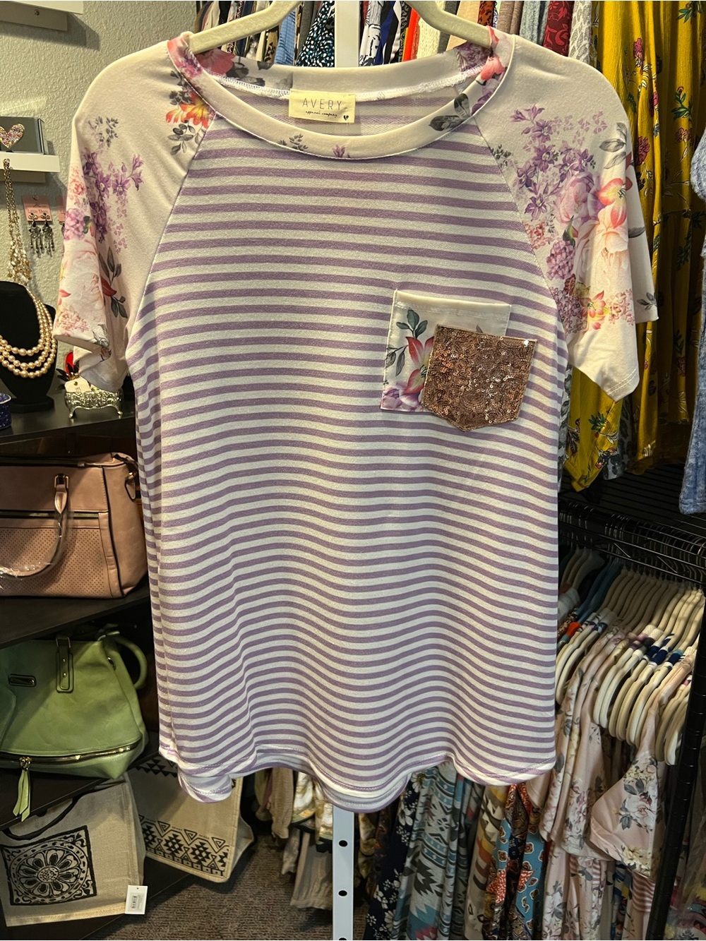 Avery Purple Striped Top with Floral Accents